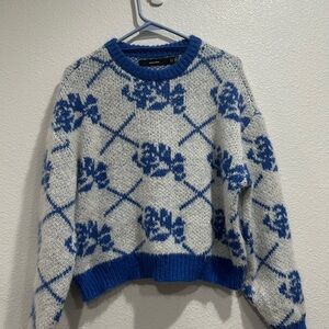 Vero Moda Blue White Diamond Floral Rib Knit Sweater Size Small